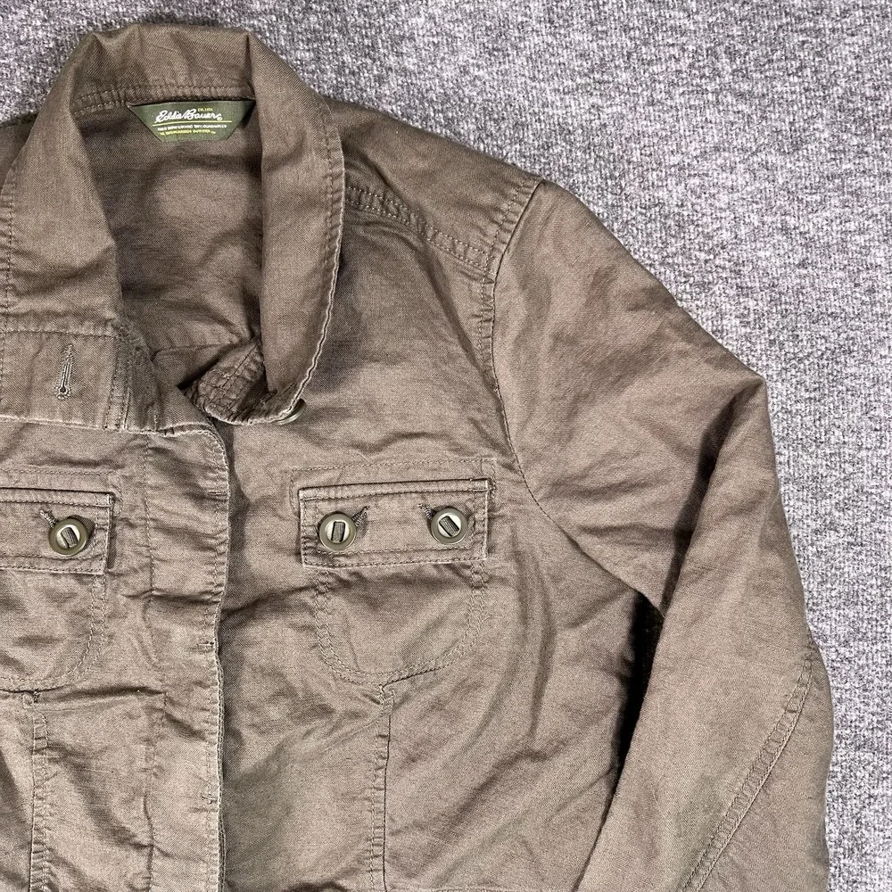 Eddie Bauer Jacket Women M Olive Linen Blend Safari Casual Safari Utility Earthy